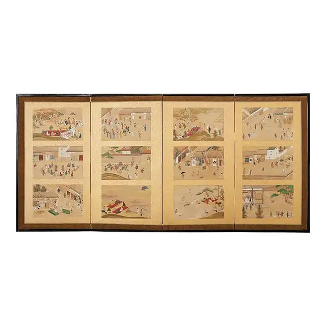 19th Century Japanese Meiji Four Panel Screen Festival Scenes For Sale