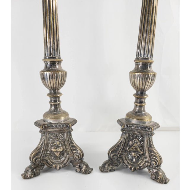 Metal French Silverplate Brass or Bronze Candlesticks, a Pair For Sale - Image 7 of 12