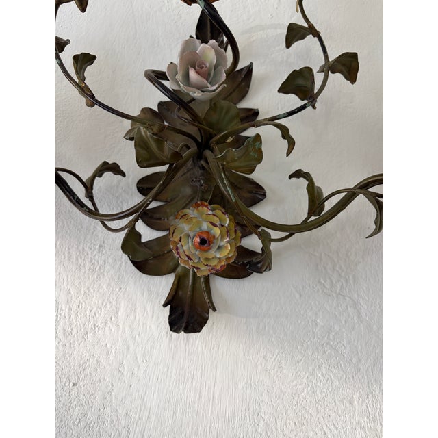 Printmaking Materials 19th Century Big Italian Tole and Porcelain Flowers Polychrome Sconces 3 Lights For Sale - Image 7 of 10