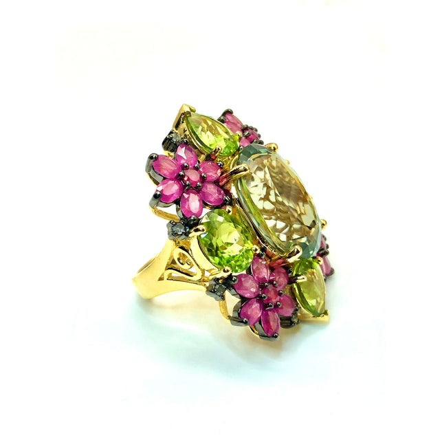 Bochic “Orient” Vintage Diamond, Peridot, Tourmaline & Topaz Ring 18K & Silver For Sale - Image 9 of 15