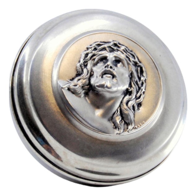 Silver Rosary Box with Christs Head in High Relief For Sale