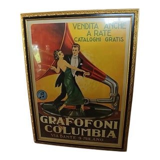 Vintage Italian Columbia Gramophone Advertising Poster in Ornate Gold Frame For Sale