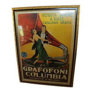 Vintage Italian Columbia Gramophone Advertising Poster in Ornate Gold Frame