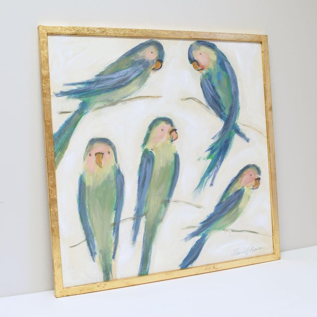 Elaine Gleason Carolina Keats Green Parakeets Painting With Gold Frame