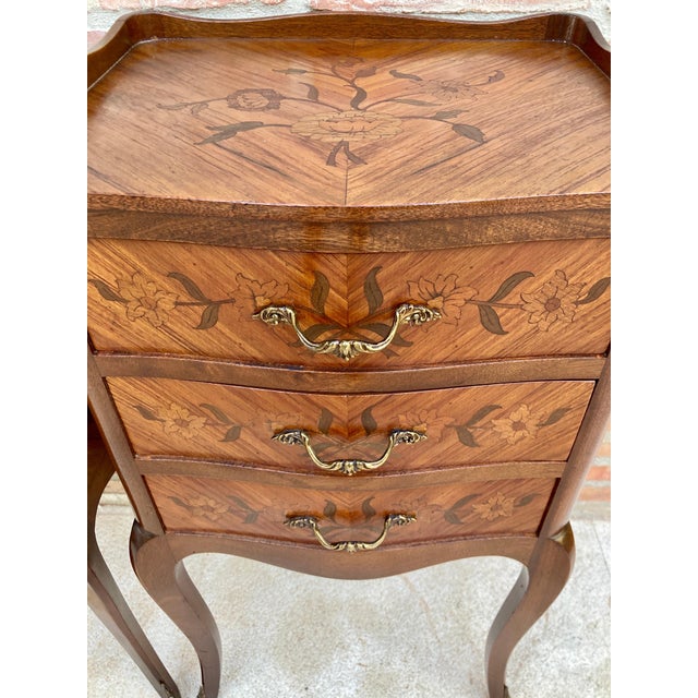 Pair of French Louis XV Revival Inlaid Bedside Tables with Three Drawers, 1940s For Sale - Image 9 of 11