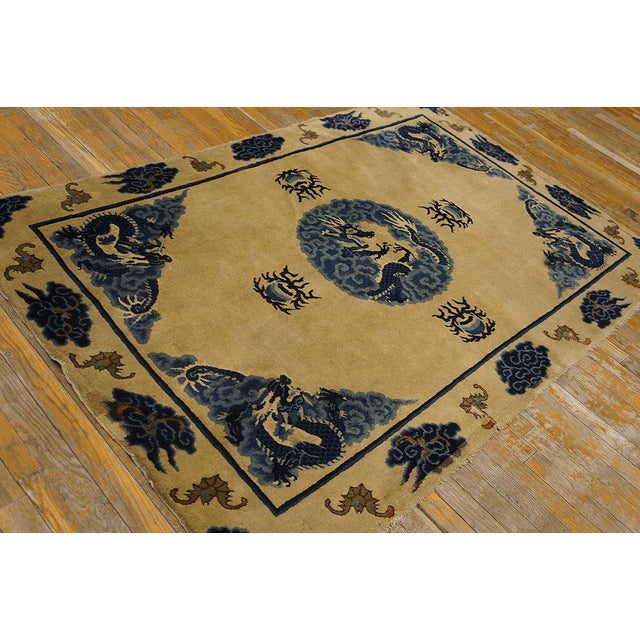 Chinese 1900s Tan Beige Medallion Antique Chinese Baotou Rug 3'10''x 6'2'' Knotted Pile Wool Carpet For Sale - Image 3 of 6