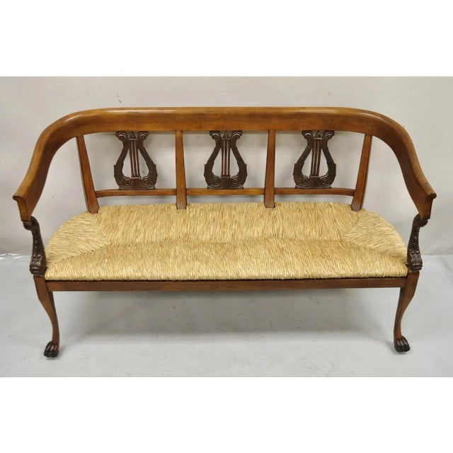 Vintage Italian Neoclassical Cherry Wood Dolphin Lyre Carved Rush Seat Bench For Sale - Image 10 of 12