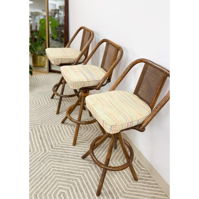 3 Vintage Coastal Bamboo Barstools Dark Rattan W/ Beige Cushions and Caned Back For Sale - Image 10 of 10