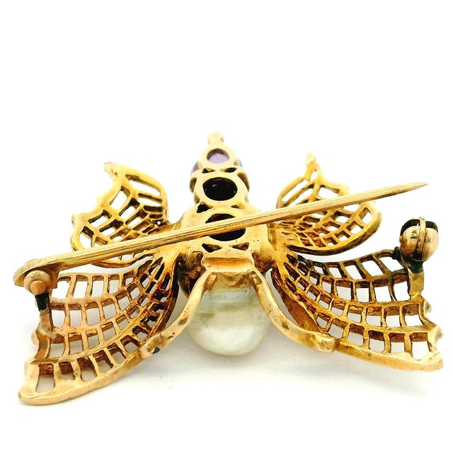 Vintage Italian 18k Gold Gemset Figural Bee Brooch With Pearl For Sale - Image 10 of 13