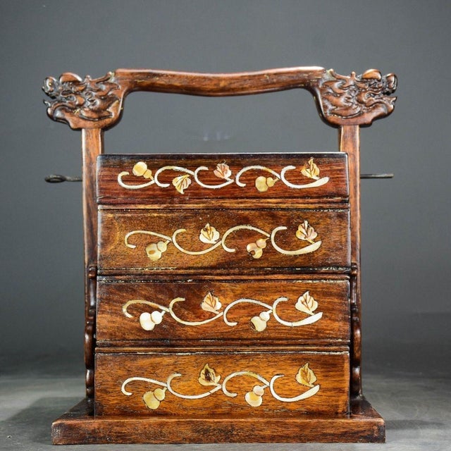 Mid 20th Century Vintage Chinese Huali Rosewood Inlaid "Magpie & Plum" Tiered Picnic Box With Dragon Handles For Sale - Image 5 of 9