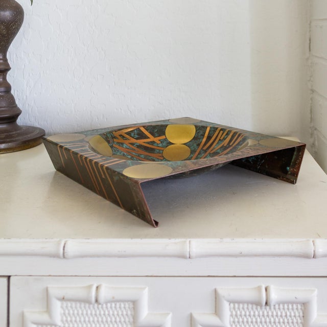 Abstract Postmodern Brutalist Brass Copper and Verdigris Square Sculptural Bowl For Sale - Image 14 of 18
