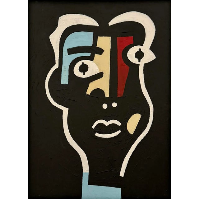 This abstract acrylic portrait painting is inspired by the mid-century masters. Framed in a vintage black wood frame,...