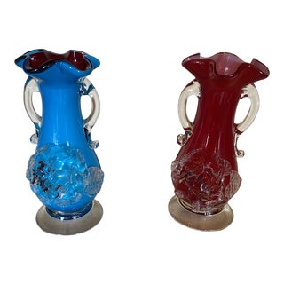 Vintage Blue & Red Rosebud Vases - A Pair For Sale