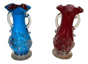Vintage Blue & Red Rosebud Vases - A Pair