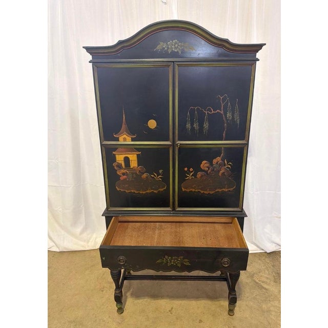 Antique Art Deco Chinoiserie Black and Green Hand Painted Drop Front Desk For Sale - Image 6 of 14