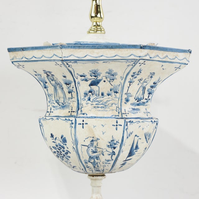 White Vintage Hand-Painted Dutch Blue and White Tile-Style Metal Table Lamp - Octagonal Urn With Pastoral Scenes For Sale - Image 8 of 17