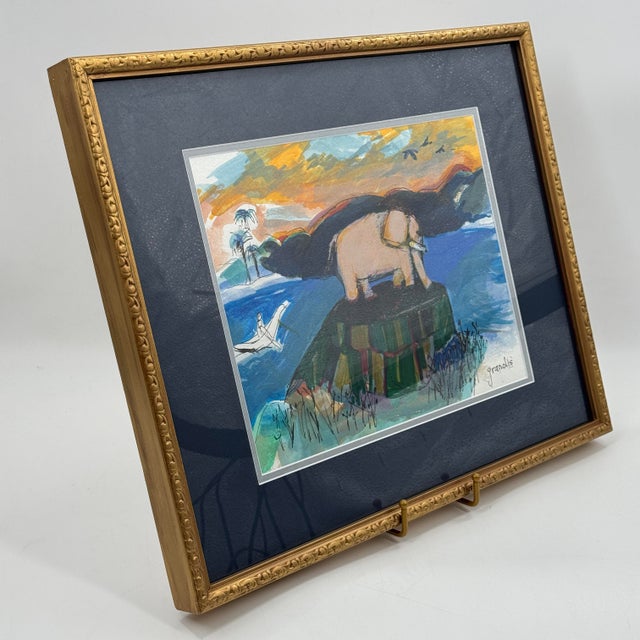 Abstract Signed Barbara Grandis Original Watercolor & Ink Elephant Painting Framed For Sale - Image 3 of 12