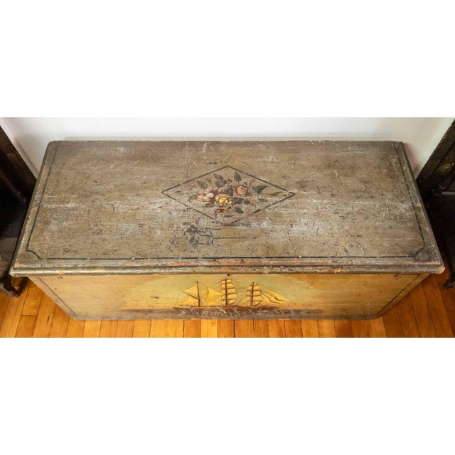 19th Century Paint Decorated Blanket Chest With Later Nautical Ship Painting For Sale - Image 4 of 16