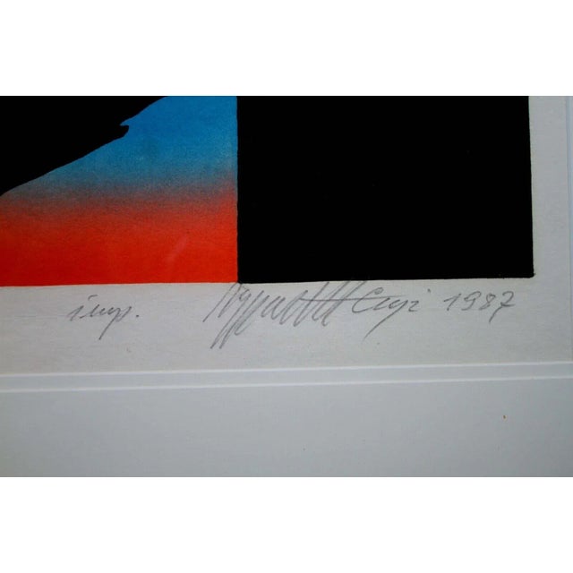 A surreal graphic linocut in colors on paper depicting a soaring dove over abstracted shapes. By Polish artist Zygmunt...