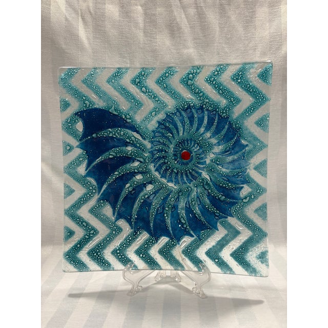 Glass Late 20th Century Fused Art Glass Decorative Square Bowl With Nautilus Motif For Sale - Image 7 of 8