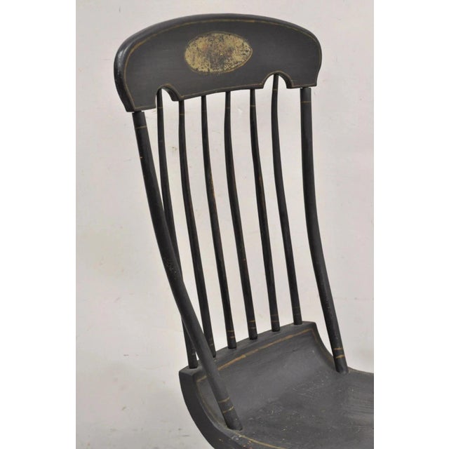 Traditional Antique Colonial Stencil Back Black Painted Plank Bottom Rocker Rocking Chair For Sale - Image 3 of 12