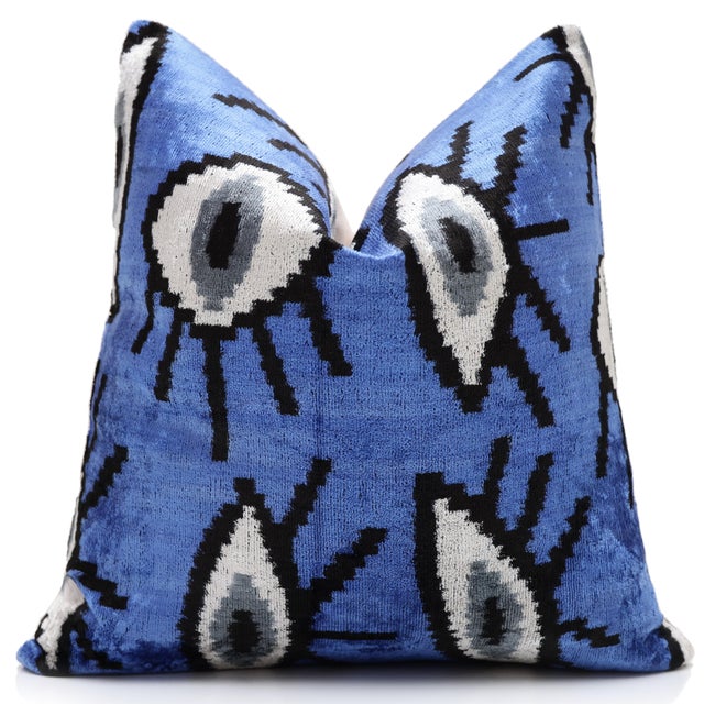 Blue Ikat Velvet Throw Pillow 16x16 | Handmade Luxury Accent For Sale - Image 4 of 8