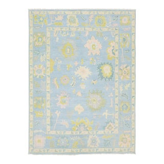 Modern Oushak Style Hand-Knotted Wool Area Rug - Powder Blue & Citron Floral For Sale