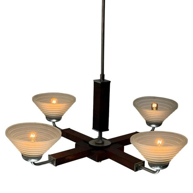 Art Deco Satin Glass, Walnut Veneer and Chromed Metal 4-Light Chandelier, Former Czechoslovakia, 1930 For Sale - Image 3 of 10