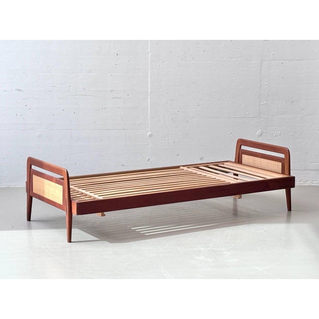 Swiss Form Teak Bed with Rattan Weave, Switzerland, 1950s For Sale - Image 4 of 17
