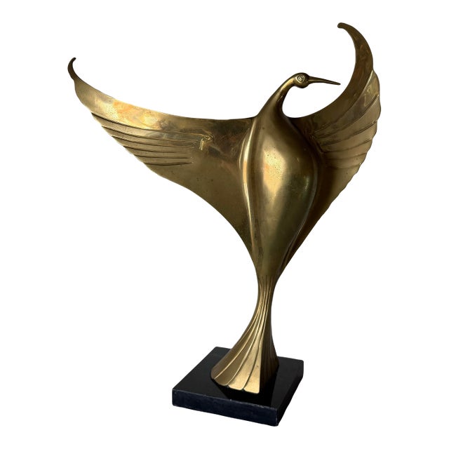 1980s Art Deco Style Brass Bird Sculpture on Black Marble Base For Sale