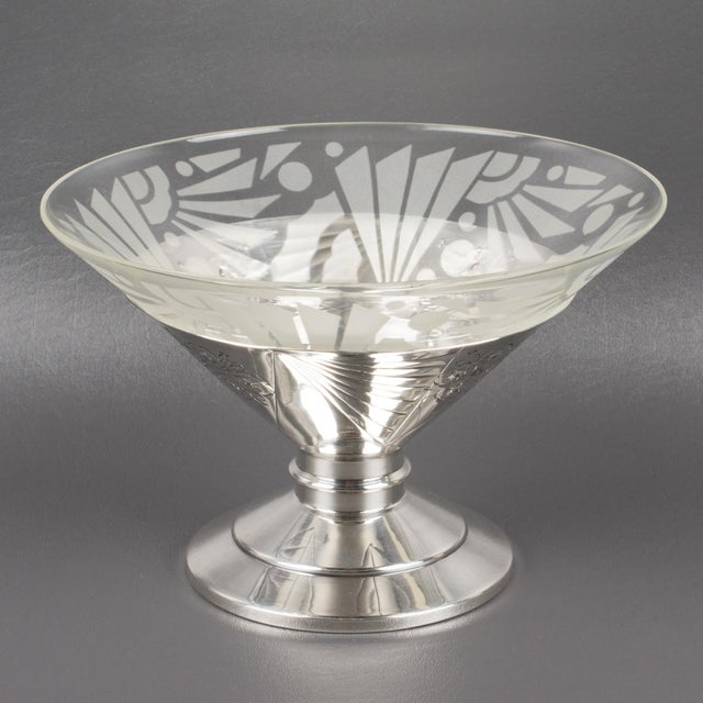 Metal Art Deco Silver Plate and Etched Glass Centerpiece Bowl, 1930s For Sale - Image 7 of 13