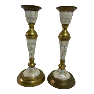 Vintage Brass and Abalone Shell Candlesticks a Pair