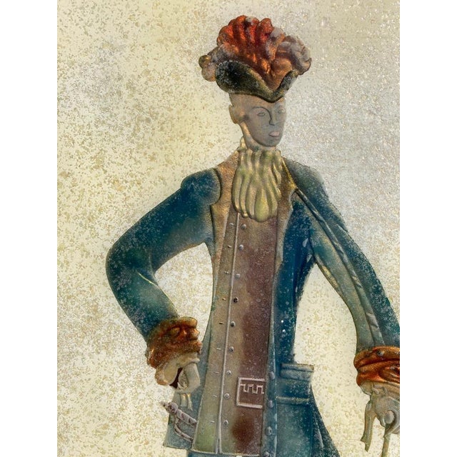 A pair of unusual and very intriguing large scale reverse glass paintings of a noble man and woman. She with her long neck...