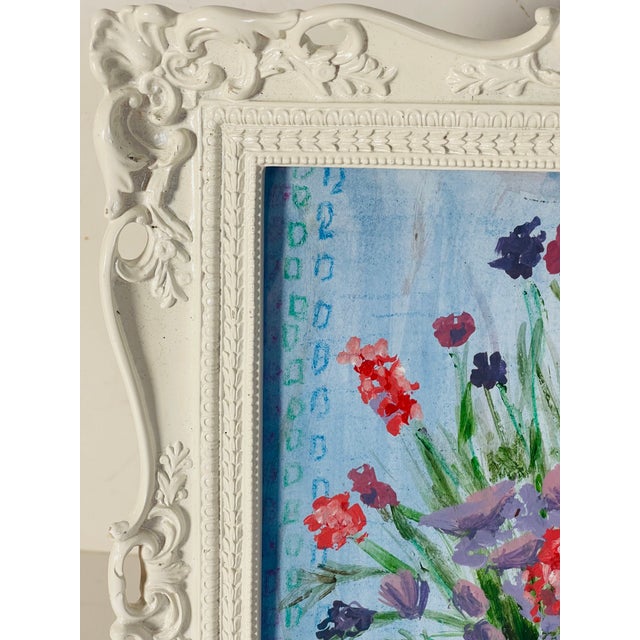 Abstract 1990s Abstract Flowers in Vase Canvas Board Painting in White Ornate Frame For Sale - Image 3 of 5