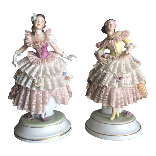 1940s Female Porcelain Figurines With Dresden Lace - a Pair For Sale