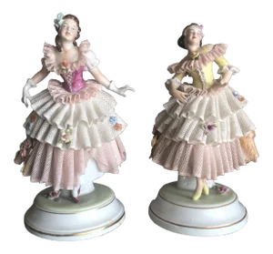 Larger Figurines in Debutant Attire, Entirely Dresden Porcelain Including Lace