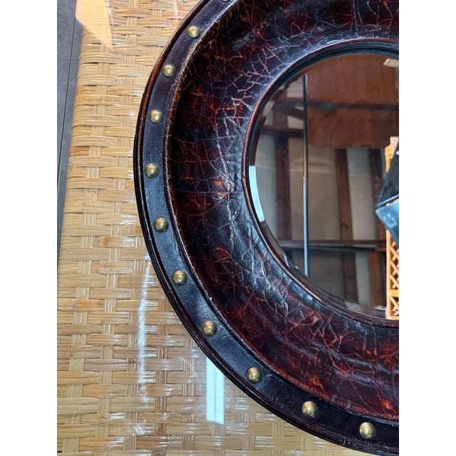 Brown Late 20th Century Round Distressed Leather-Like Covered Mirror Brass Nailheads For Sale - Image 8 of 11
