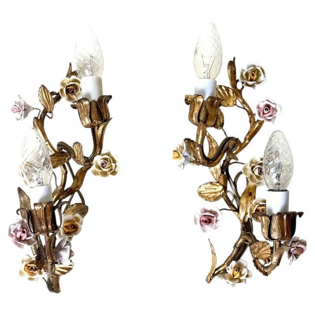 Vintage Italian Mirrored Gilt Metal and Porcelain Rose Sconces, 1940s, Set of 2 For Sale - Image 18 of 18
