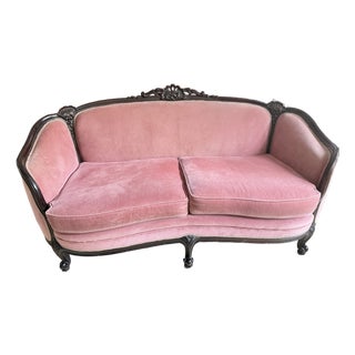 Rococo Revival Loveseat With Antique Rose Velvet Upholstery and Decorative Walnut Carvings For Sale
