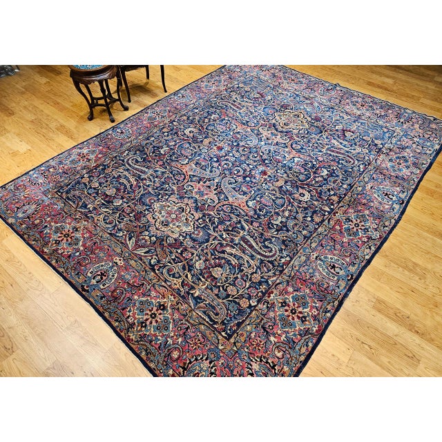 Navy Blue Vintage Persian Yazd Rug, Hand-Knotted Wool, Allover Floral Pattern, Navy & Red, 9x12 For Sale - Image 8 of 18