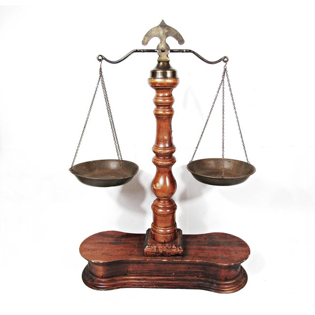 Wood A Sculptural Brass Balance Scale on a Warm Wood Base—instant Library-Worthy Drama. For Sale - Image 7 of 10