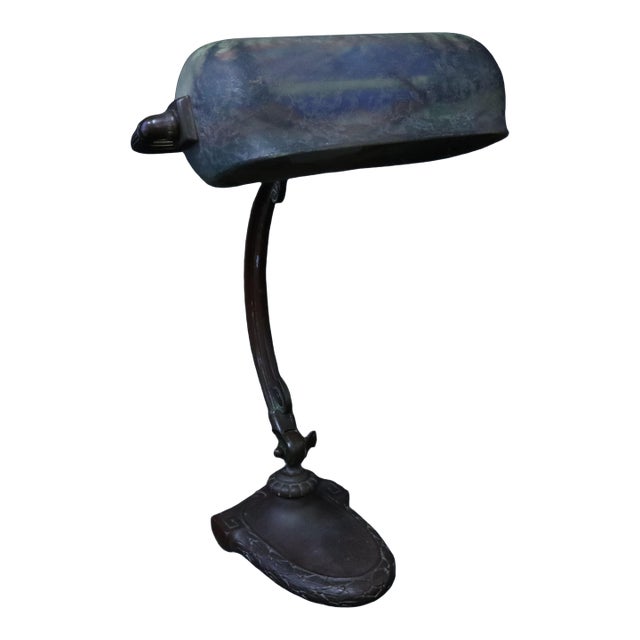Antique Handel Desk Lamp With Original Base & Hand Reverse Painted Shade of Mountain Landscape For Sale