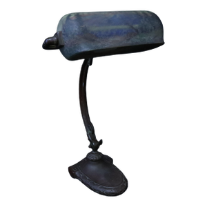 Antique Handel Desk Lamp With Original Base & Hand Reverse Painted Shade of Mountain Landscape