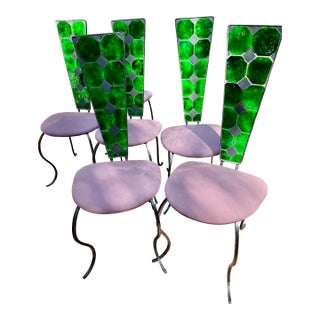 Six 1960’s Brutalist High Back Dining Room, Chairs W/ Tile Inlai For Sale