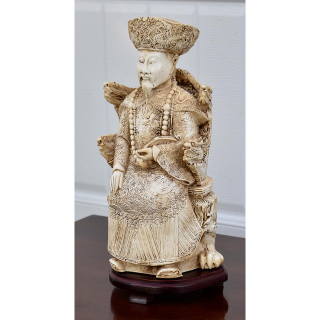 Vintage (1970's) Emperor Statue is Chinese. Made of Resin in a Distressed Ivory Finish with a Wood Base. The Measurements:...