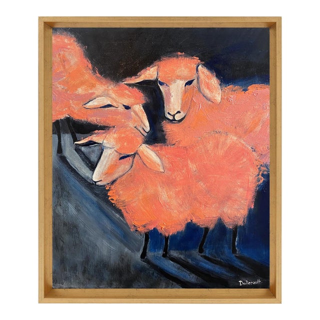 Original Sheep Oil Painting Framed Modern Farm Rustic Hand Painted by Tatiana Duperault For Sale