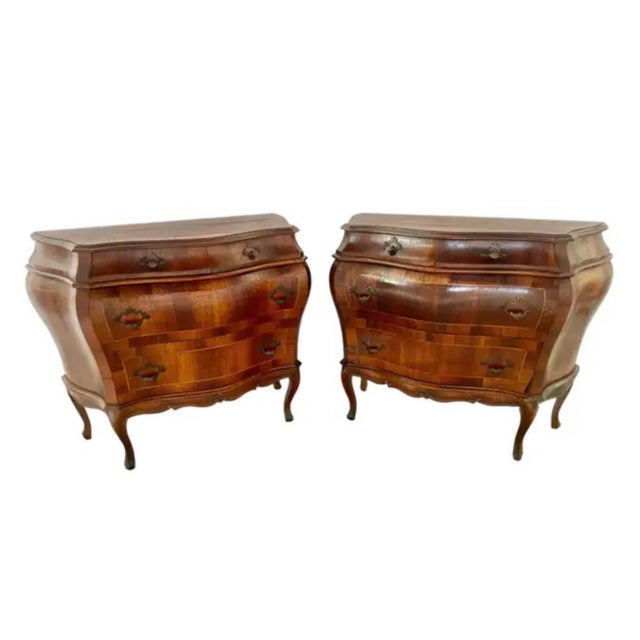 Italian Inlaid Walnut Bombé Commodes, Baroque Style, Mid-20th Century For Sale In Tampa - Image 6 of 18