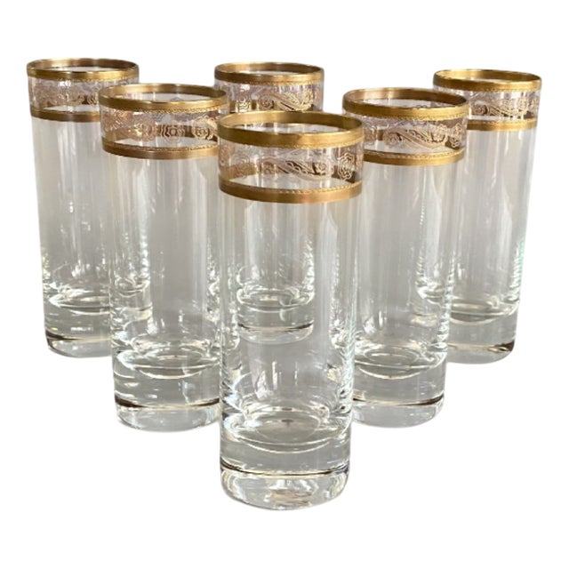 Italian Tall Tumbler-Shaped Crystal Glasses with Gold Rims and Scrollwork Motifs from Cellini, Italy, 1970s, Set of 6 For Sale