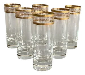Italian Tall Tumbler-Shaped Crystal Glasses with Gold Rims and Scrollwork Motifs from Cellini, Italy, 1970s, Set of 6