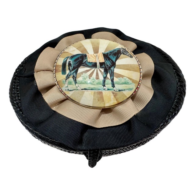 Equestrian Horse Ribbonwork Round Covered Box Black Woven Keepsake For Sale